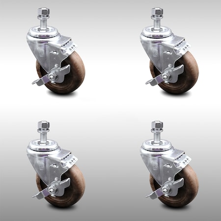 Service Caster 4 Inch SS High Temp Glass Filled Nylon 12mm Threaded Stem Caster Set Brake SCC-SSTS20S414-GFNSHT-TLB-M1215-4